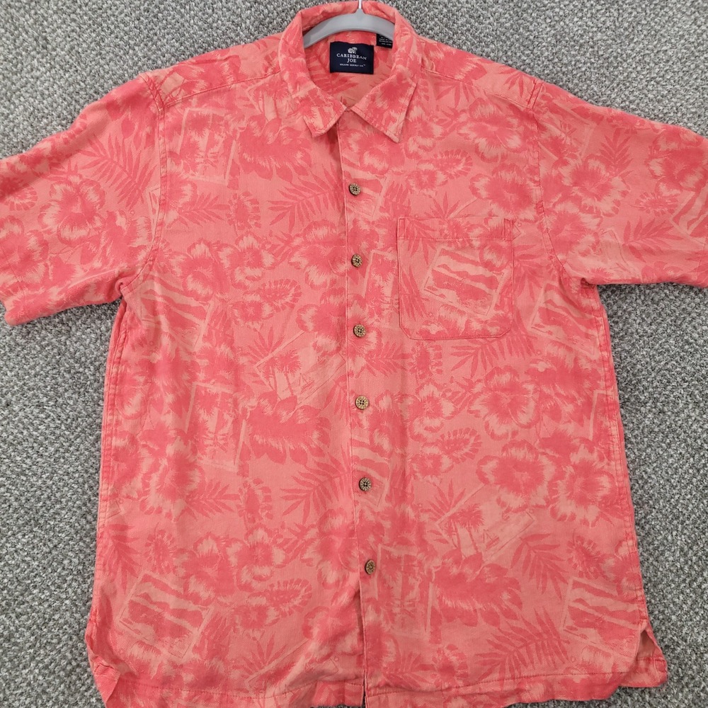 Caribbean Joe Mens Large Coral Pink Tropical Hibiscus Floral Button Down Shirt - Picture 7 of 9